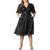 Kiyonna Plus Size Starry Sequin Lace Midi Cocktail Dress | Party, Holiday, & Wedding Guest Dress