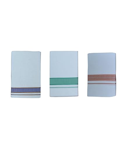 Men's Cotton White 3.6 m, with Stripe Double Dhoti (Free Size) -3 Pieces