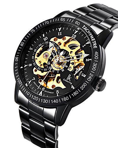GuTe IK Casual Mens Black Steel Skeleton Automatic Mechanical Wristwatch Golden Dial Tachymeter