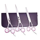 Allmet 6.5 Stainless Steel Pet Grooming Scissors Kit Set for Dogs and Cats, Curved Scissor Combo Set with Pouch For Body Face Ear Nose Paw (3 Pieces Kit, Pink)