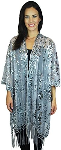 Womens Mother of The Bride Beaded Fashion Shawl Tunic Poncho Cover One Size Top (Silver)