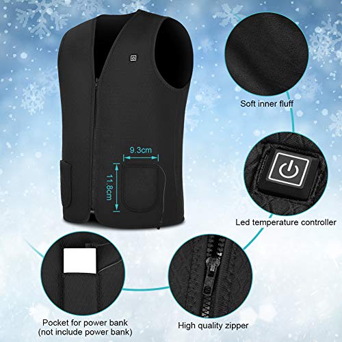 Chaleco Calefactable Lavable, Chaleco Calefactor de Invierno con Línea de Alimentación USB para Hombre y Mujer, Chaleco Térmico Eléctrico para Caza Cámping Excursionismo Esquí, Negro