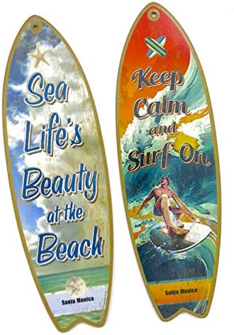Santa Monica, Surf board plaques, ''keep calm and surf on''. and " sea life's beauty at the beach", Souvenir wood Wall Decor, size 5" x 16", set of 2. 2go