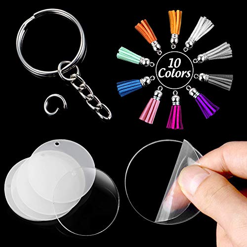 Blank Acrylic, 90PCS Transparent Discs Circle Acrylic Keychain Blanks 2 inch Clear Round Discs with Tassel Pendant Keyring for DIY Project and Craft Favor