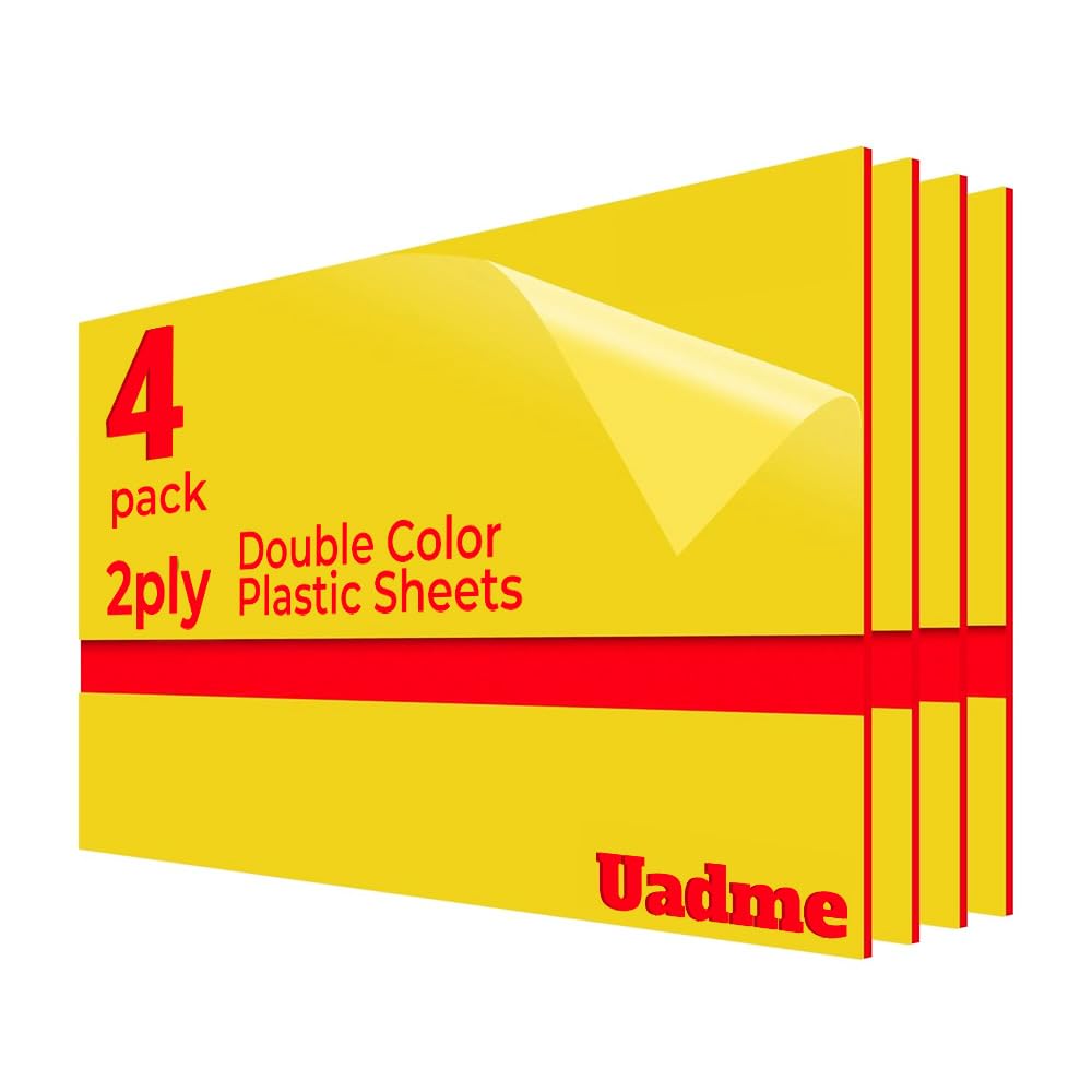 Uadme Two Color Engraving Sheets, 12 x 8 Inch Yellow Panel Carved Red Laser Engraving Blank ABS Plastic Sheet 4Pcs, Customized Personalized Materials for Interior Signs, Badges, DIY Carving