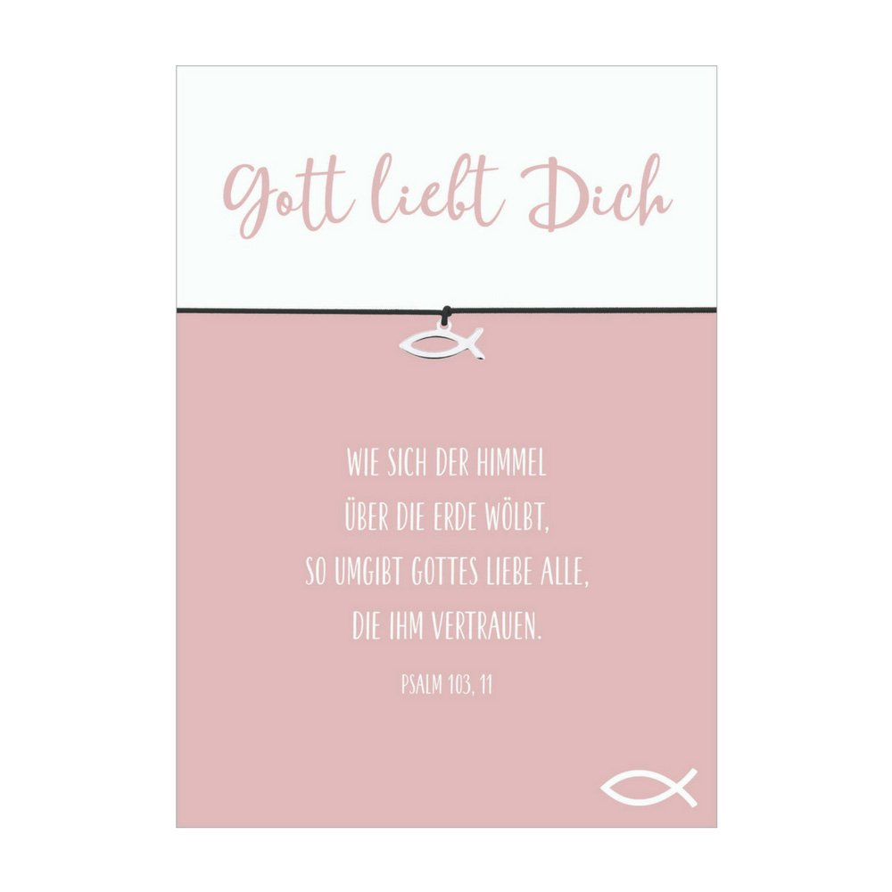 Glücksschmiedin God Loves You – Ichty Fish Silver Plated Charm Bracelet with Mixed Colour Elastic Fabric Band and Loving Card black