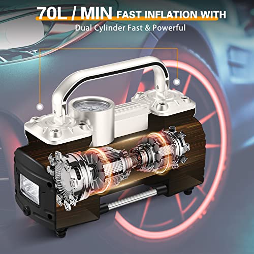GSPSCN Silver Dual Cylinder 12V Air Compressor Pump for Car, Heavy Duty