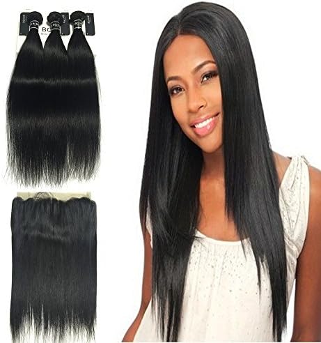 BQ HAIR 8A Straight 360 Lace Frontal Closure Pre-Plucked with 3 Bundles 100% Unprocessed Virgin Human Hair Natural Black Color (18"18"18" with 360 frontal 16")