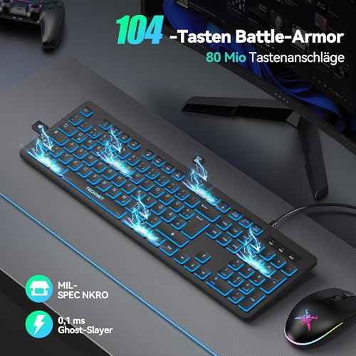 TECKNET Wired Keyboard USB with 7 Colours RGB Lighting, German QWERTZ Full Size, Quiet Keyboard Splash-proof for PC/Laptop (Windows/Mac) - Black