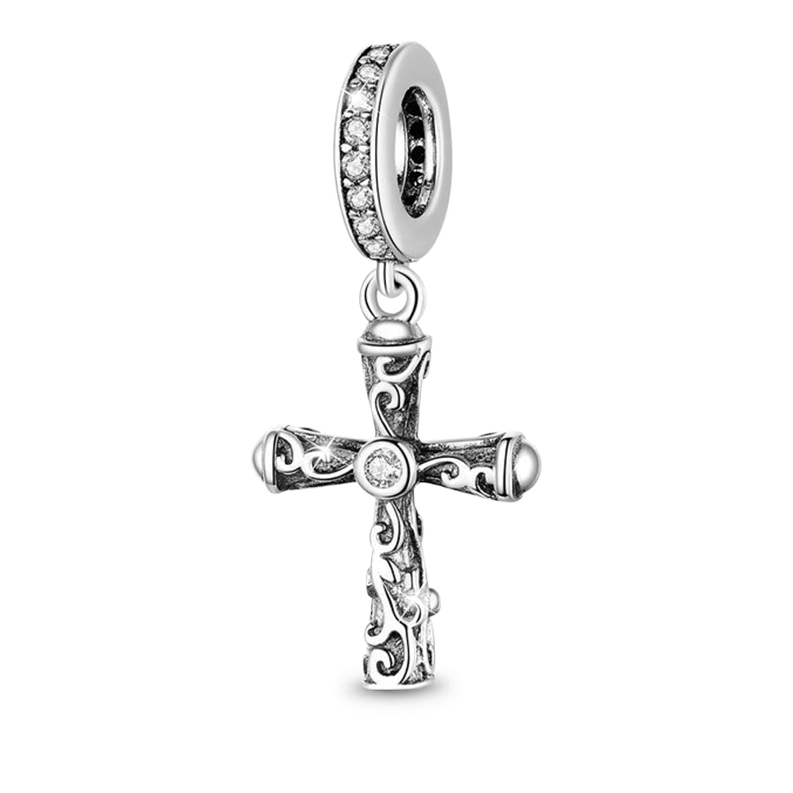 GNOCE Retro Cross Pendant Charm Sterling Silver Dangle Charm Inlaid with Crystal Gemstones Fit Bracelet/Necklace for Women Girls Wife Daughter