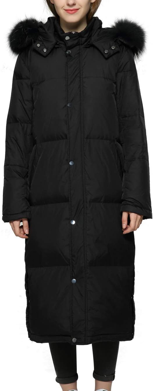 ELFJOY Women's Long Down Coat Winter Warm Zipper Puffer Coats with Detachable Hood