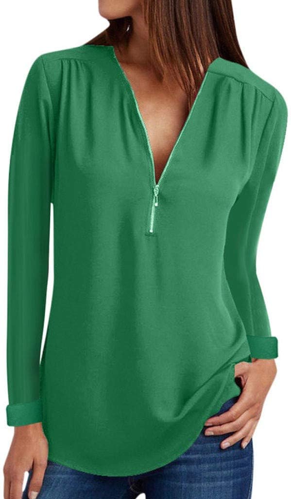 Keepmove Women Long Sleeve Chiffon Blouse V Neck Office Work Blouse for Women Dress Shirts Tops