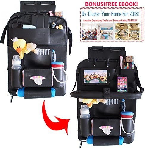 KIDS BACKSEAT ORGANIZER TABLE &amp; WIRE MANAGEMENT BY CREAXION | PREMIUM LEATHER HANGING BACKSEAT TRAY TABLE/SEAT TRAVEL ACCESSORIES/SEAT ORGANIZER WITH TRAY/TABLET HOLDER (Black) Q4 ONLY: FREE EBOOK