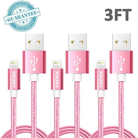 Kenex® 3 Packs 3.3ft [Hot Pink] USB 2.0 Nylon Braided Lightning Cable USB Charging Cable Cord for iPhone 6S/6S Plus/6 Plus/6/5/5C/5S/SE, iPad Air, Mini 4, iPod 5 and iPod 7