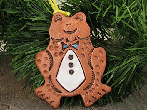 3" Frog Christmas Tree Ornament Wearing White Tuxedo Shirt & Blue Bow Tie Handmade Terracotta Clay Art Holiday Decor