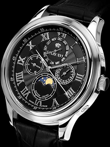 LOUIS-XVI-Herren-Armbanduhr-La-Lune-Silber-Schwarz-Mondphase-Analog-Quarz-echtes-Leder-Schwarz-489
