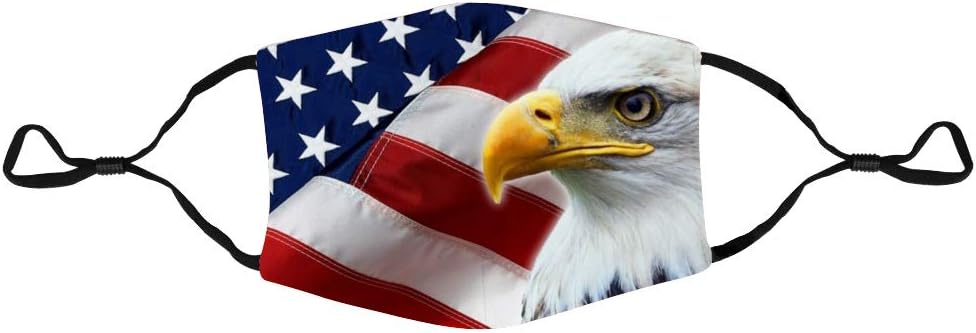 Reusable Dust Face Protection with 4 Pcs Activated Carbon Filters, American Flag Eagle Adjustable Mouth Cover Breathable Dustproof Washable