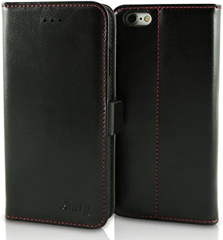 iPhone 6, iPhone 6S Handmade Leather Case by Finity Cases - iPhone Wallet Case With 2 Credit Card Holder Slots - Built-In Kick Stand & Magnetic Closure - Genuine Cowhide Leather - (Red Stitching)