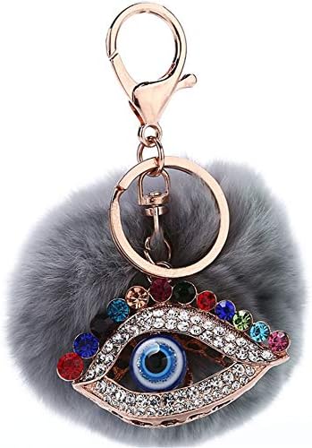 Cute keychain Colorful Crystal Eyes Furball Keychain With Rhinestone Pompom Bag Charms Pendant Car Key Chain Key Ring Accessories For Women Girls Purse Handbag Tote Backpack Cellphone Decoration