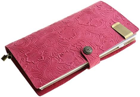 Vintage Travelers Notebook Classic handmade Leather Refillable Regular Size Journals Diary Notepad Notebook for Girls and Boys with Zipper Pocket--Pink