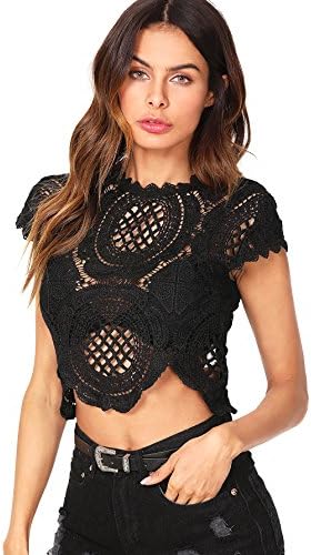 WDIRARAWomen's See Through Mesh Lace Crop Top Crochet Short Sleeve Embroidered Tops