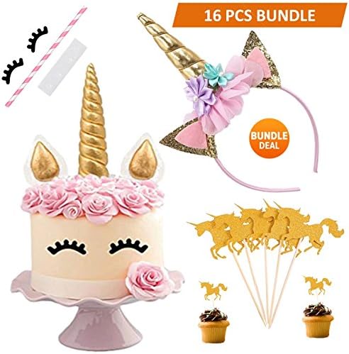 BONUS 16PCS Unicorn Cake Topper with Eyelashes and Unicorn Headband Unicorn Party Supplies for Birthday Party, Baby Shower and Wedding Party(Gold)