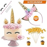 BONUS 16PCS Unicorn Cake Topper with Eyelashes and Unicorn Headband Unicorn Party Supplies for Birthday Party, Baby Shower and Wedding Party(Gold)