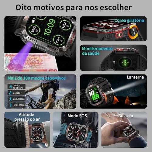 YARUIKE HT29 Relógio Inteligente Esportivo para Homens, Chamada Bluetooth, Bússola e Lanterna LED, Tela IPS 2.01 Polegadas, Compatível com Android e iOS