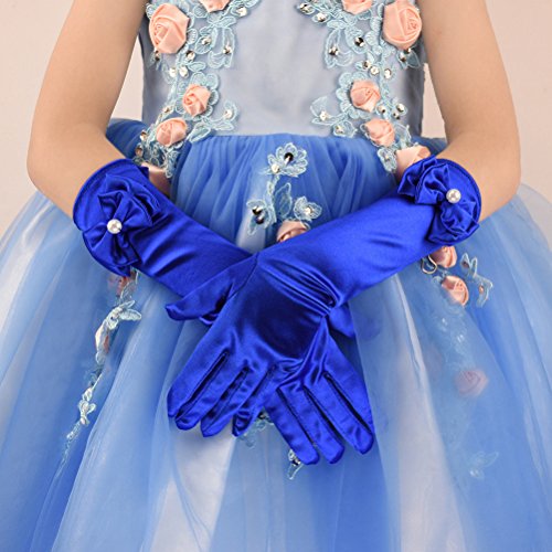 Greenmoe Girls Long Satin Finger Bowknot Formal Pageant Kids Gloves Royal Blue