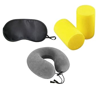 Zafos? U Shaped Travel Neck Pillow with-Snap-on Button for Train, Airplane, Car, Bus or While Camping,Eye Mask & Ear Plugs (Grey Pillow)
