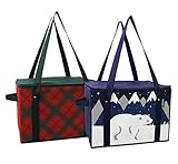 Earthwise Insulated Reusable Grocery Bag Shopping Box with REINFORCED BOTTOM PANEL and ZIPPER TOP LID with EXTRA SIDE HANDLES FOR EASY LIFTING (Set of 2) (Plaid/Polar Bear)