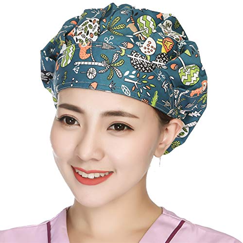 Unisex Bouffant Scrub Hat Cotton Cap Surgical Medical Nurse Doctor Adjustable Men Women Ponytail Cute Animal Pattern