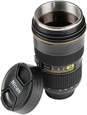 Camera Lens Cup with Stainless Steel Insulated Desk Mug Tumbler, 1:1 Camera 24-70mm F2.8G Lens Imitation, 14oz (FLAT COVER)