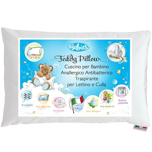 4BABIES - Baby Cot Cushion 40 x 60 cm, Breathable Hypoallergenic Children's Pillow with 100% Italian Cotton Cover, Hypoallergenic Anti-Dust Mite for Crib