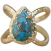 hsiyyecg Retro Simple 18K Gold Plated Inlaid Teardrop Pear Shaped Turquoise Ring Size 6-10,Large Birthstone Ring or Statement Ring（8）