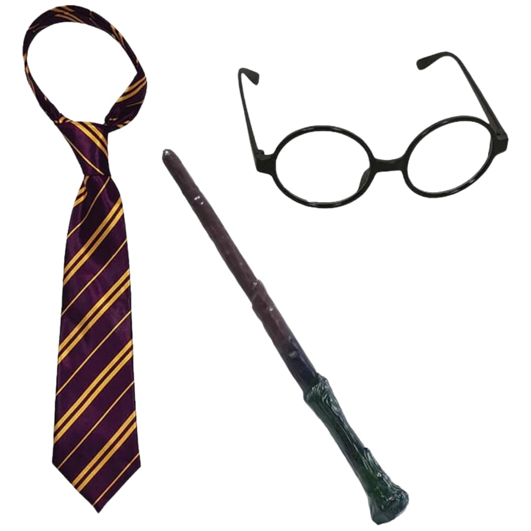 GrassVillage Wizard School Boy 3pc Fancy Dress Set – Includes Tie, Glasses & Wand | Kids Magician Costume for World Book Day, Halloween, Parties & School Events – Unisex Cosplay Outfit