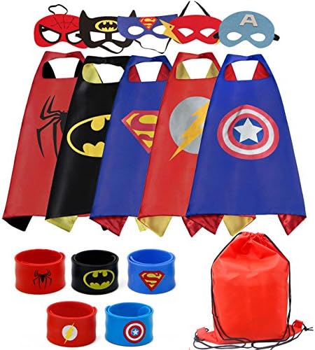 COTATERO Dress up Costume Cape and Mask Set with Matching Shaped Rubber Wristbands and 1 Drawstring Bag for Kids, Birthday Party Children 5pcs