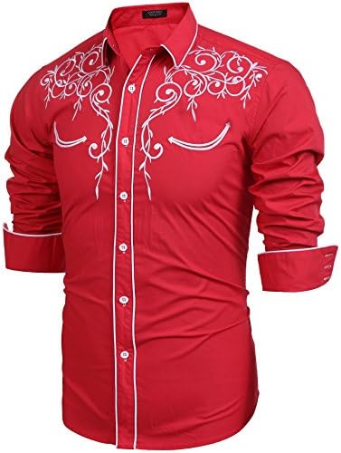 Modefine Men's Casual Fashion Long Sleeve Embroidery Slim Fit Dress Shirt Button Downl Shirt