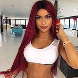 ForQueens Ombre Long Straight Wine Red Wig for Women Middle Part Synthetic Burgundy Wig for Black Women Heat Resistant Fiber