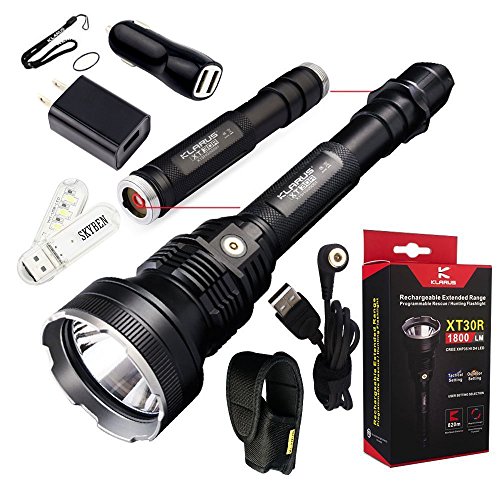 Klarus XT30R CREE XHP35 HI D4 LED 1800 Lumens 2 x 18650 3400mAh Rechargeable Extended Range Programmable Rescue/ Hunting Flashlight with SKYBEN Adaptor,Car Charger and USB Light