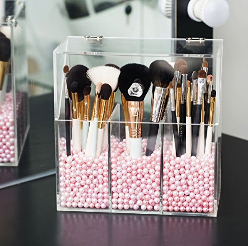 image for Newslly Clear Acrylic Makeup Organizer with 3 Brush Holder Compartment