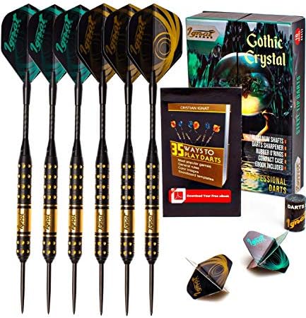 IgnatGames Steel Tip Darts Set - Professional Darts with Aluminum Shafts, Rubber O'Rings, and Extra Flights + Dart Sharpener + Innovative Case + Darts Guide