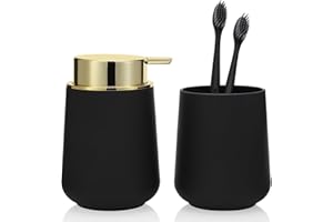 YAUKPH Black and Gold Bathroom Accessories 2 Piece Set Luxury Matte Plastic Soap Dispenser and Toothbrush Holder for Modern Bathroom Decor