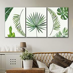 3 Panel Canvas Wall Art - Watercolor Style Green Tropical Leaves - Giclee Print Gallery Wrap Modern Home Art Ready to Hang - 16"x24" x 3 Panels