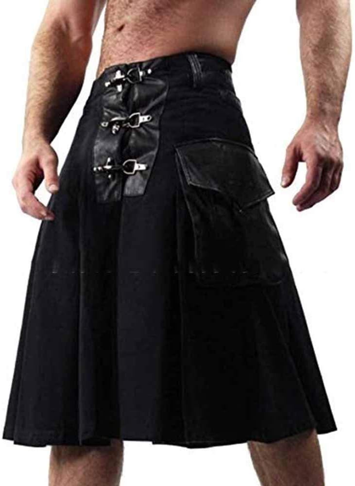 kewing Mens Medieval Retro Scottish Dress Traditional Highland Kilts Skirt with Pockets Hybrid Leather