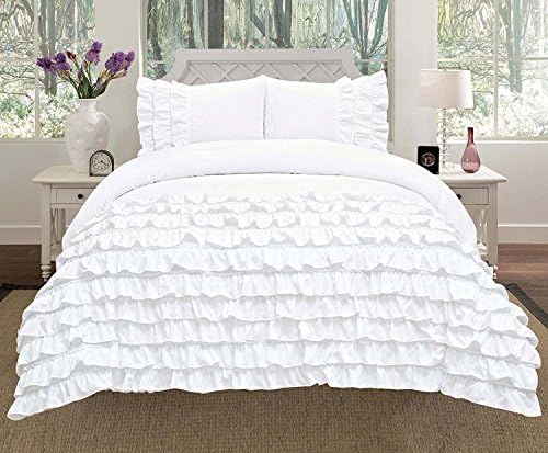 Ras Decor Linen 3-piece Pleated Ruffle Waterfall Duvet Set (King, White)