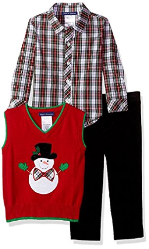 Bonnie Jean Boys 3-Pc Outfit Christmas Snowman Sweater Vest Plaid Shirt Pants Set, 4T