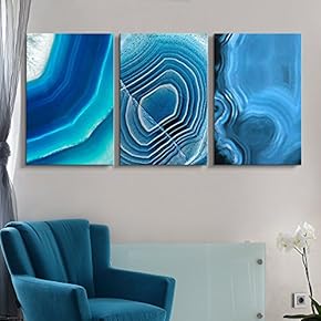 3 Panel Canvas Wall Art - Blue Agate Patterns - Giclee Print Gallery Wrap Modern Home Art Ready to Hang - 16"x24" x 3 Panels