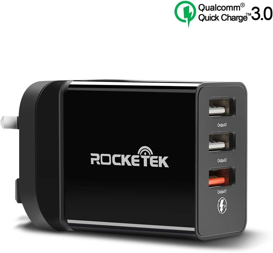 Rocketek USB Charger USB Wall Charger Plug, 30W 3-Port Mains Adapter Plug Power Adapters with QC 3.0 and Dual USB 2.0 Plug for Galaxy S9 / Note 8, LG, Google Pixel/Nexus, iPhone X and More –Black