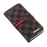 RAYTOP® Luxury Brand Designer Brown Checks Synthetic Leather Cases for Apple iPhone 5 5s Folding Flip Covers Plaid Checkered Striped Gold Logo Top Rated Quality Men Guys Gift Cheap
